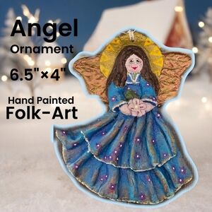 Hand-Painted Folk-Art Angel Ornament - Blue and Gold 6.5"×4"